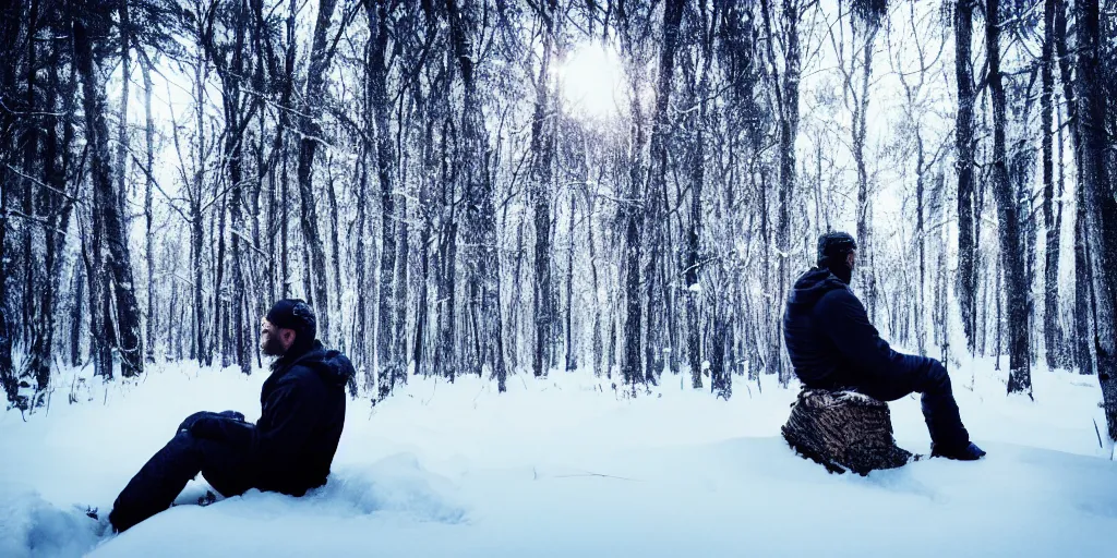 Prompt: survival in a winter forest, cinematic, cold tone, guy sitting down on log, night, stars