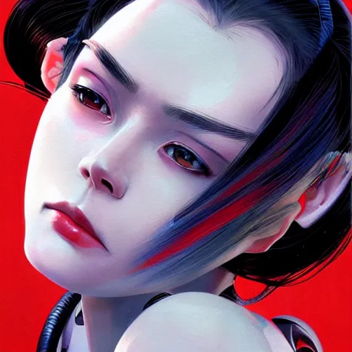 Prompt: A beautiful cyborg woman with big and cute eyes || ANIME, fine-face, red and black robotic parts, realistic shaded perfect face, fine details. Anime. realistic shaded lighting poster by Ilya Kuvshinov katsuhiro otomo ghost-in-the-shell, magali villeneuve, artgerm, Jeremy Lipkin and Michael Garmash, Rob Rey and Kentarõ Miura style, trending on art station