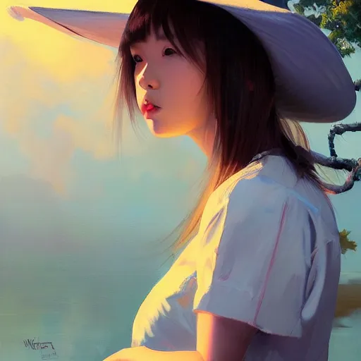 Image similar to oil painting by ilya kuvshinov,, baugh casey, artgerm craig mullins, coby whitmore, of a youthful japanese girl, long hair, fisherman's hat, highly detailed, breathtaking face, studio photography, noon, intense bounced light, water reflection, large tree casting shadow, serine intense sunlight