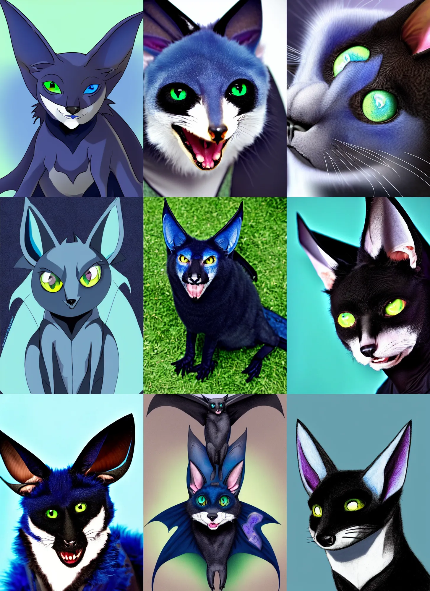 Prompt: a blue - and - black male catbat fursona ( from the furry fandom ) with blue / green heterochromatic eyes ( one green eye ) and huge bat ears, photo portrait