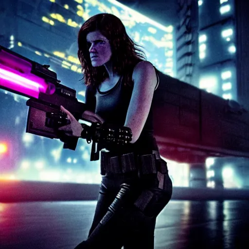 Prompt: rose leslie starring in a cyberpunk movie in a distopic futuristic city in the style of bladerunner, wearing a cropped black tank top, black shorts and black boots, firing a gun, muzzle flash, movie still, highly detailed, rainy night, volumetric lights, dramatic, scifi, sharp focus