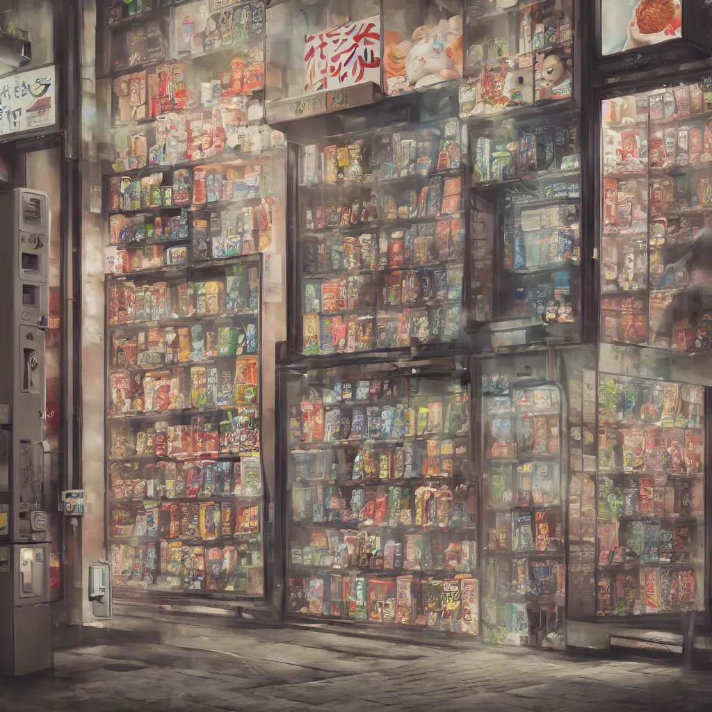 Prompt: portrait of tokyo corner store and vending machines, depth of field, zeiss lens, detailed, centered, photoshoot, by nicoletta ceccoli, mark ryden, lostfish, breathtaking, 8 k resolution, extremely detailed, beautiful, establishing shot, artistic, hyperrealistic, octane render,
