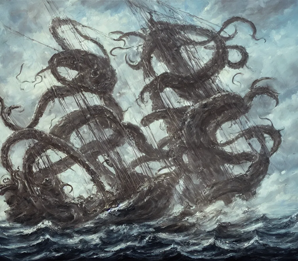 Image similar to oil painting of a kraken attacking a pirate ship