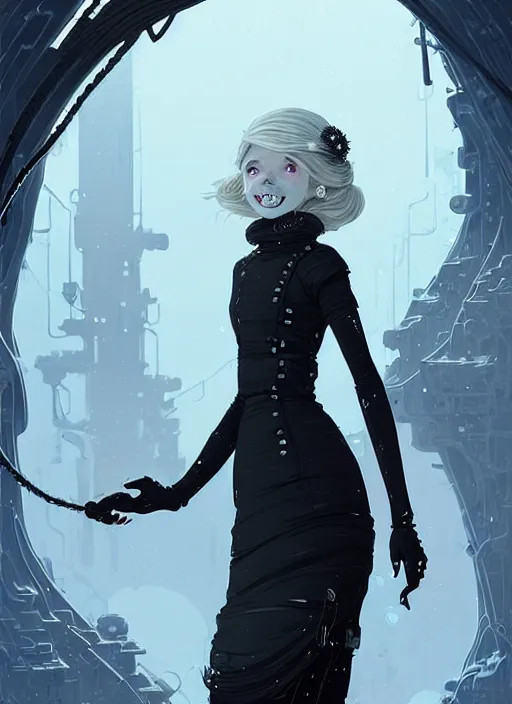 Prompt: highly detailed portrait of a giddy frostpunk long blonde hair lady with short form fitting black dress, stray wiring by atey ghailan, james gilleard, by joe fenton, by greg rutkowski, by greg tocchini, by kaethe butcher, 4 k resolution, gradient blue, black and white color scheme!!! ( ( glaciated robotic dystopian city background ) )