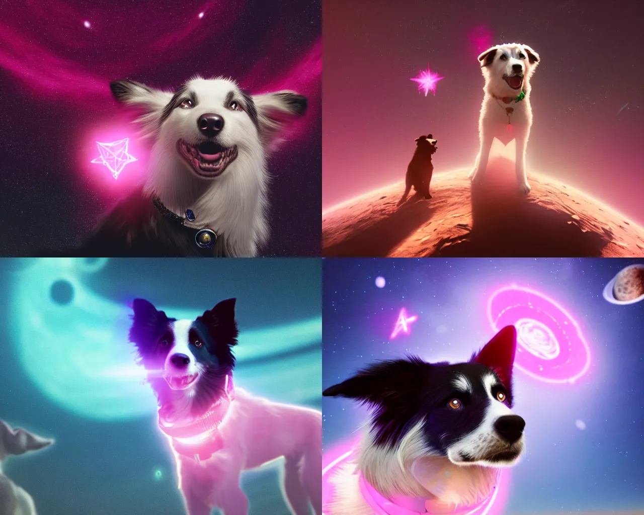 Prompt: a border collie dog in outer space wearing a pink star necklace, light trail, digital art, game art, octane render, space, sci-fi, game art