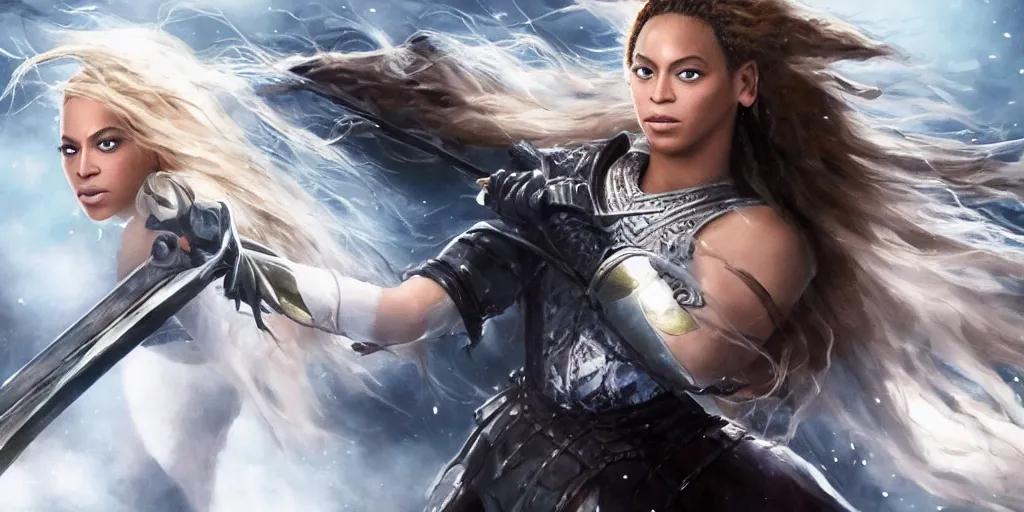 Image similar to a beautiful cinematic image of a beyonce wielding a sword, cinematic, 4k, realistic, anime artwork, rtx, hyperrealistic, unreal