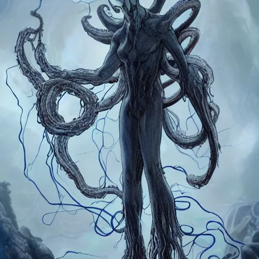 Image similar to concept designs for an ethereal wraith like figure with a squid like parasite latched onto its head and long tentacle arms that flow lazily but gracefully at its sides like a cloak while it floats around a forgotten kingdom in the snow searching for lost souls and that hides amongst the shadows in the trees, this character has hydrokinesis and electrokinesis for the resident evil village video game franchise with inspiration from the franchise Bloodborne and the mind flayer from stranger things on netflix