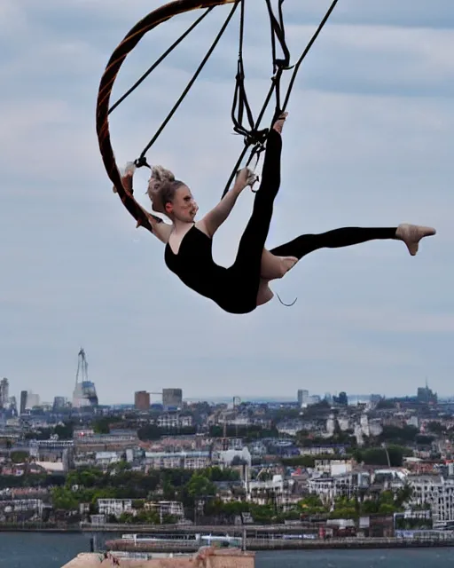 Prompt: beautiful female in aerial lyra performance, acrobat, intricate detail, electric - blue castle in the background