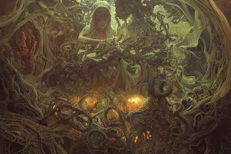 Image similar to a lovecraftian painting of a demonic shrine, occult, paigan ritual, cosmic horror elements, ultra realistic, concept art, intricate details, eerie, highly detailed, photorealistic, octane render, 8 k, unreal engine. art by artgerm and greg rutkowski and alphonse mucha