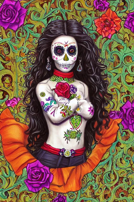Image similar to Illustration of a sugar skull day of the dead girl, art by ralph horsley