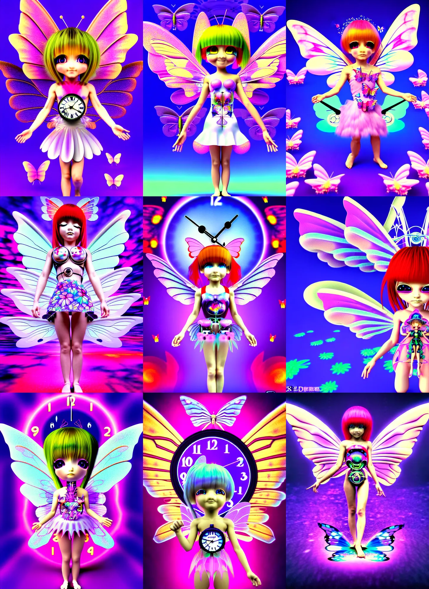 Prompt: 3 d render of chibi clock cyborg fairy with angel wings against a psychedelic surreal background with 3 d butterflies and 3 d flowers n the style of 1 9 9 0's cg graphics 3 d rendered y 2 k aesthetic by ichiro tanida, 3 do magazine, wide shot