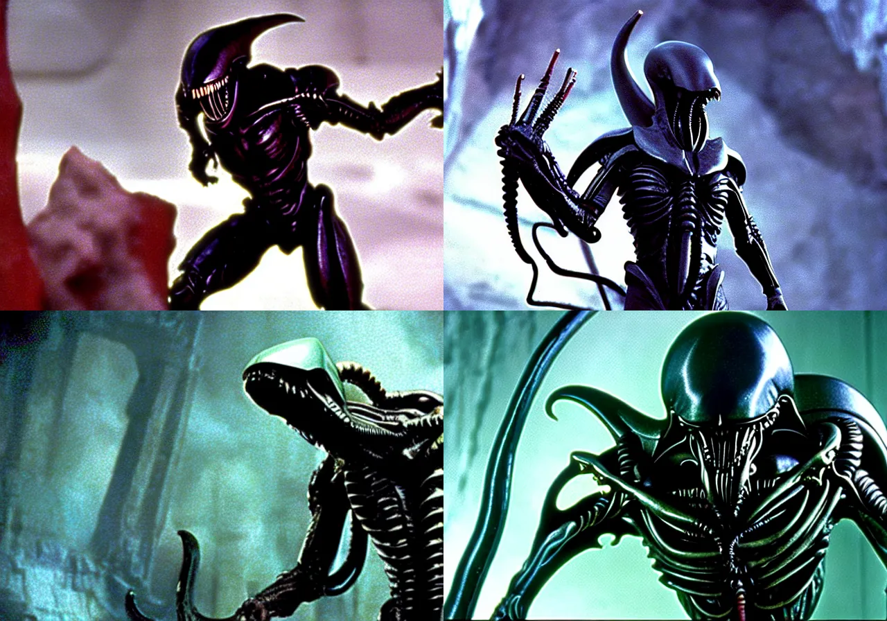 Prompt: xenomorph : warrior princess, fantasy television series, ntsc, tv still, 1 9 9 8