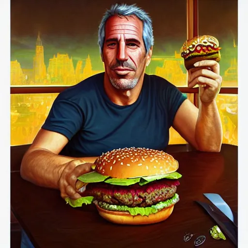 Prompt: portrait of jeffrey epstein eating giant hamburgers, ethereal, handsome, d & d, fantasy, intricate, elegant, highly detailed, digital painting, artstation, concept art, matte, sharp focus, illustration, art by artgerm and greg rutkowski and alphonse mucha