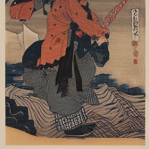 Prompt: by hokusai, a portrait from behind of a samurai man vagabond with a moon behind him, the samurai is wrapped in chains, detailed, editorial illustration, matte print, concept art, ink style, sketch, digital 2 d