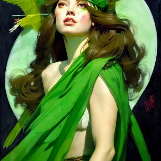 Image similar to greg manchess painting of goddess of hunt wearing green clothes, green and white long hair, long green wings, large green sword, trending on artstation, by huang guangjian and gil elvgren and sachin teng