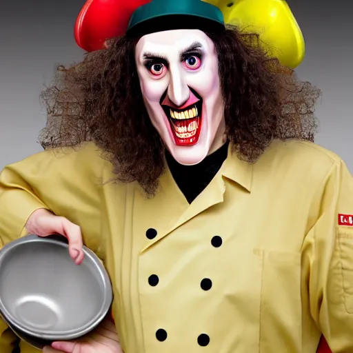 Image similar to a crazed weird al wearing a chef's hat and uniform with half of his lower body inside a bowl of alfredo, realistic, hyperrealistic, ultra realistic, real, real world, highly detailed, very detailed, extremely detailed, intricate details, 8 k resolution, hd quality