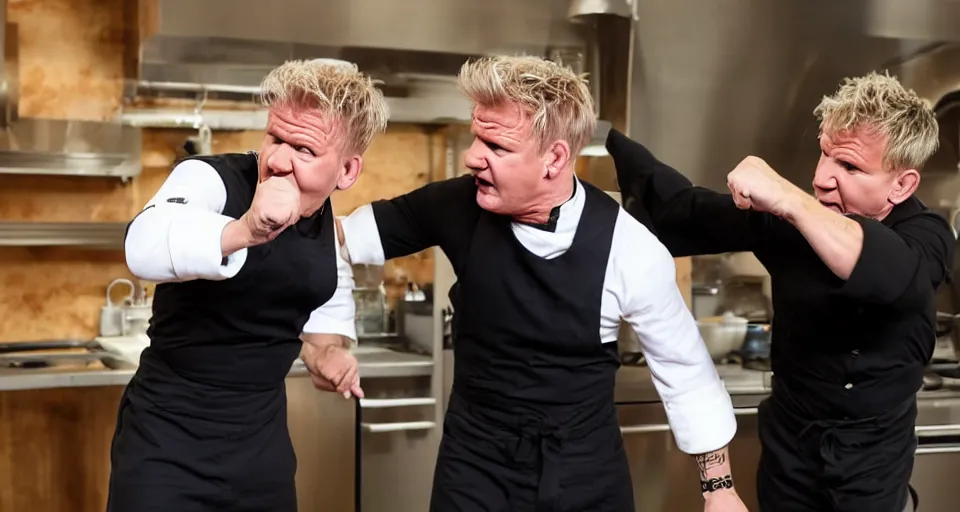 Image similar to photo of angry furious Gordon Ramsay punching Gordon Ramsay at the kitchen