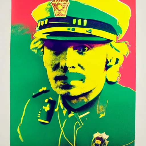 Image similar to screenprint solarized portrait of a cop in riot gear by andy warhol