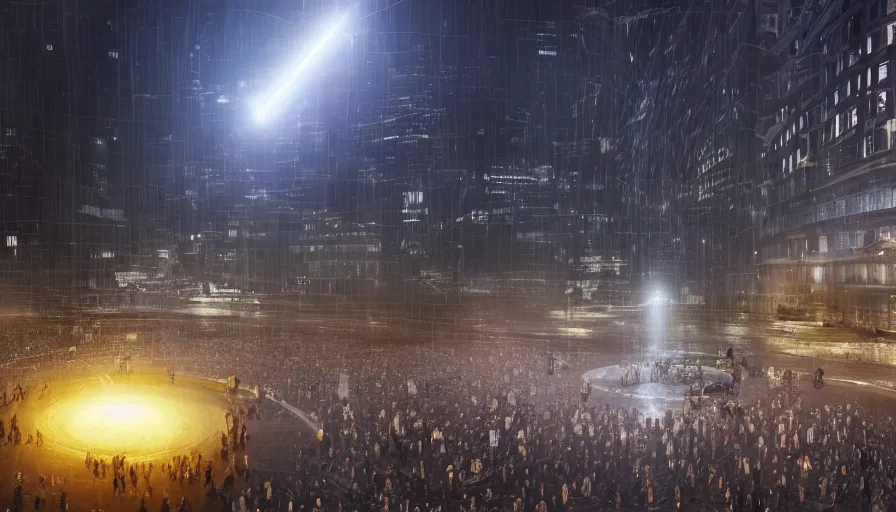 Image similar to policemen protect a huge spiral - shaped luminous object right in the center of the city from protesting people, night, rain and light fog, professional lighting, concept art in 3 d, high detail, professional lighting