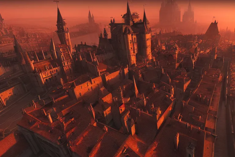 Image similar to medieval city with a huge castle in the center, red sun, top view, steampunk, mechanics, render, 8k, trending on artstation, volumetric light, lightrays, HDR, ambient occlusion, subsurface scattering, cinematic scene, steampunk style, fantasy