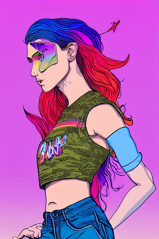 Image similar to a award winning half body portrait of a beautiful woman with stunning eyes in a printed croptop and cargo pants with rainbow colored ombre hairstyle head in motion and hair flying by josan gonzales, outrun, vaporware, shaded flat illustration, digital art, trending on artstation, highly detailed, fine detail, intricate