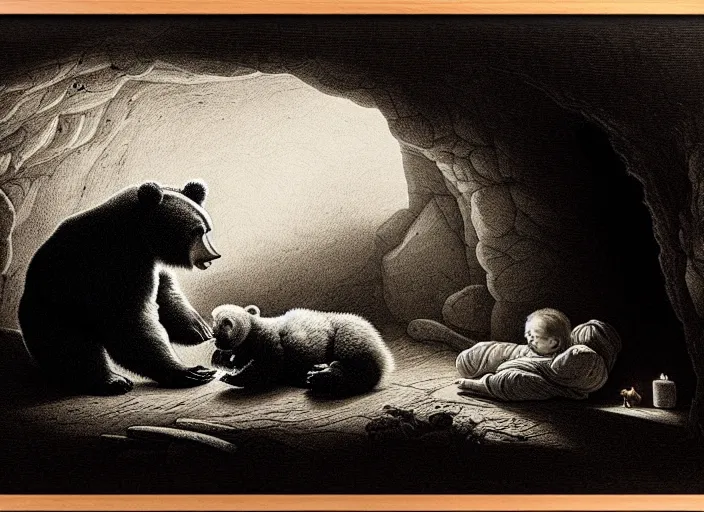 Prompt: Pieter Claesz's 'a bear and her cub sleeping in a dark cave, lit by hole in roof', night time, cross hatching, backlit, beautiful wooden frame, monochrome, colours of the sunset