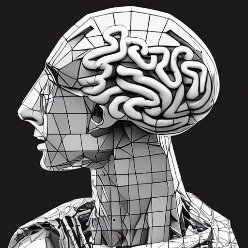 Prompt: a statue constructing a mind / brain piece by piece, artstation, smooth, sharp focus, clean shaped colored cyberpunk digital artwork by leonardo davinci, mc escher, moebius, cyberpunk