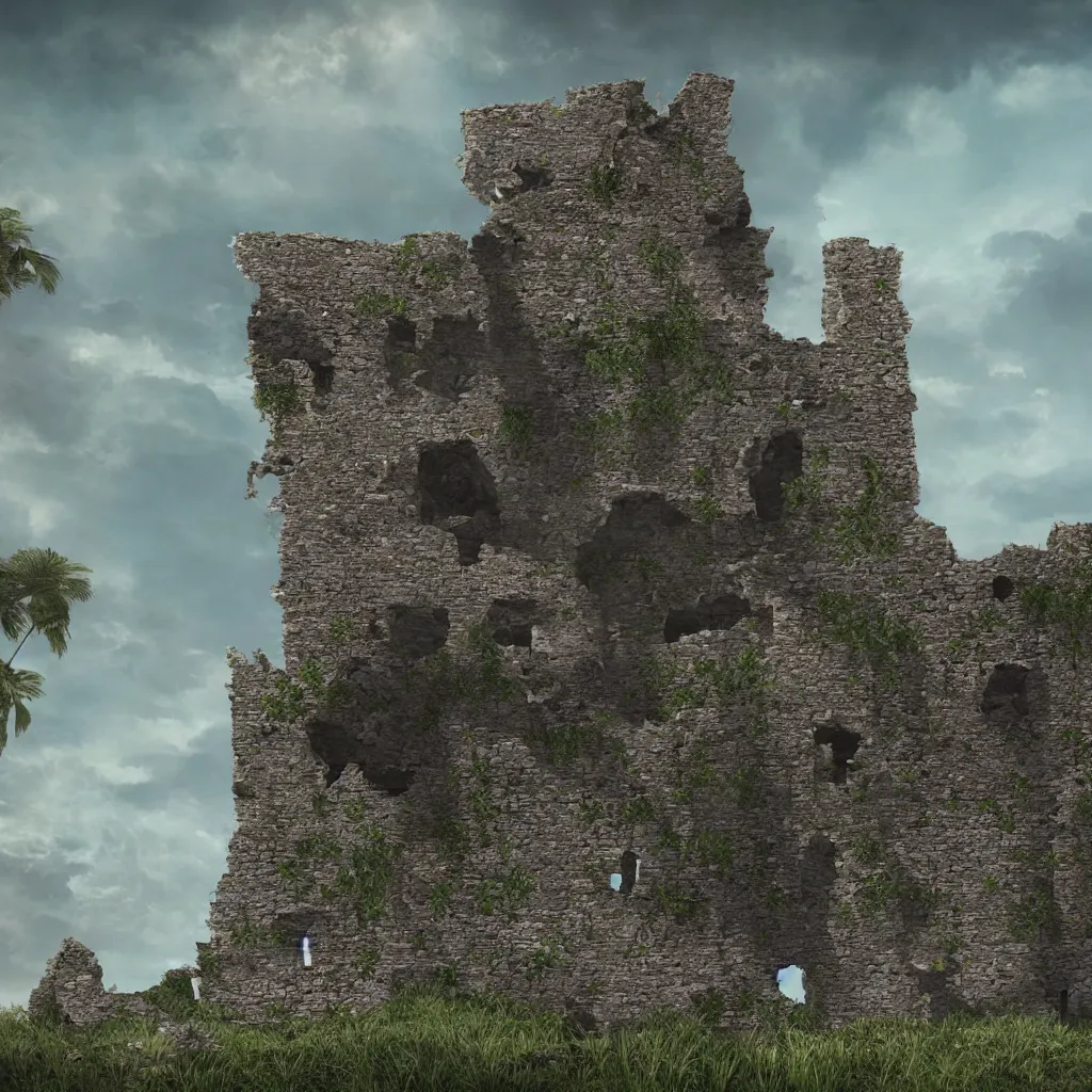 Image similar to looking up at a ruined castle on a small island only reachable by a small land bridge, 8 k, ultra realistic cinematic, intricate, cinematic light, concept art, illustration, art station