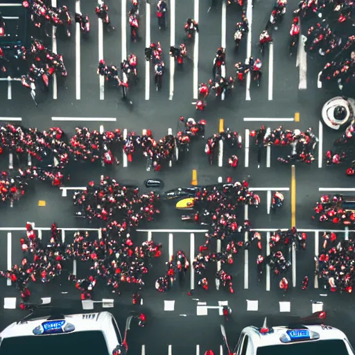 Prompt: top view of zombies on a new york street with new york taxi