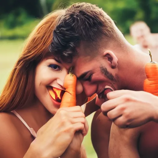 Image similar to woman eating man with carrot hands