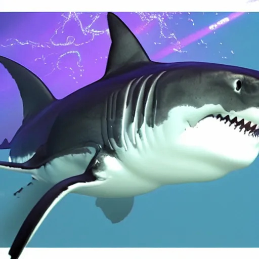 Image similar to a great white shark shooting purple lasers out of its eyes, realistic. 4 k. highly detailed