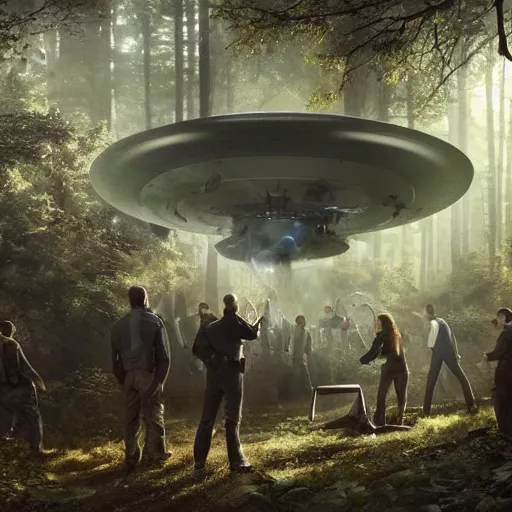 Image similar to a [ team of scientists, police officers, and news reporters ] surround a crashed ufo in the [ middle of a forest ]!!, [ digital art ]!!, trending on cgsociety, 4 k quality, illustrated by greg rutkowski, mary anning, peder balke, balthus, and gaston bussiere