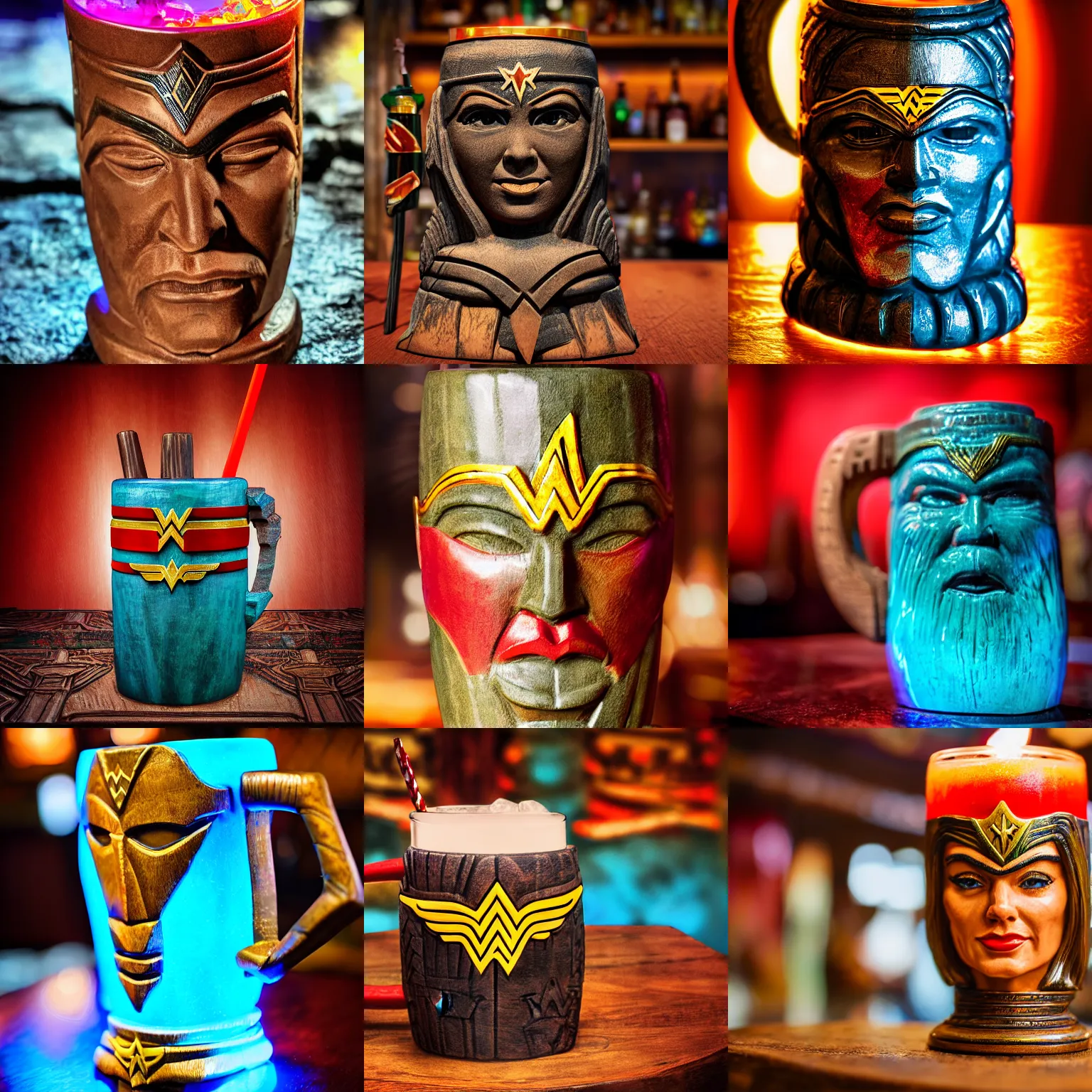 Prompt: a closeup photorealistic photograph of wonder woman style tiki mug at trader vic's bar. brightly lit scene. this 4 k hd image is trending on artstation, featured on behance, well - rendered, extra crisp, features intricate detail, epic composition and the style of unreal engine.