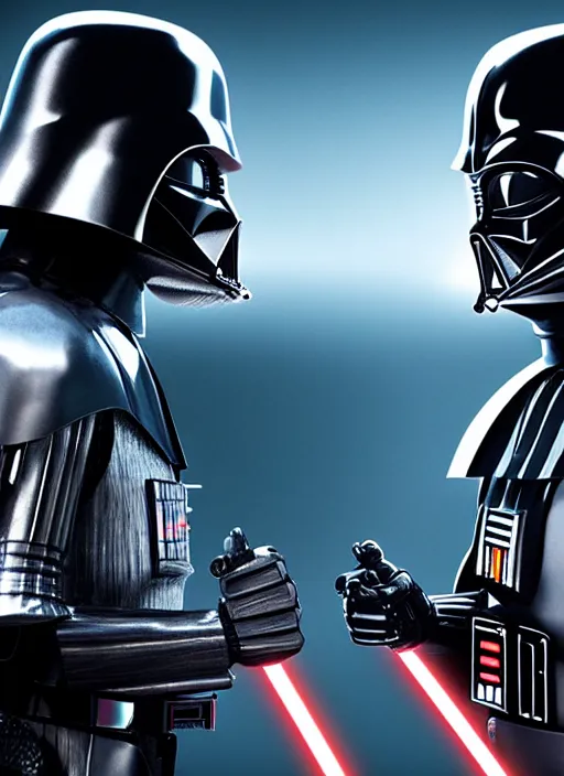 Image similar to Film poster, Darth Vader VS RoboCop, faces look at each other, detailed and realistic, 4k, filmic render