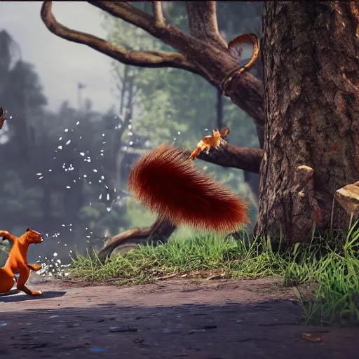 Image similar to screenshot of animal fighting game on ps 4, squirrel vs lizard, unreal engine,