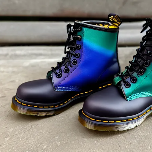 Image similar to a battered old pair of Dr martens boots with rainbow laces