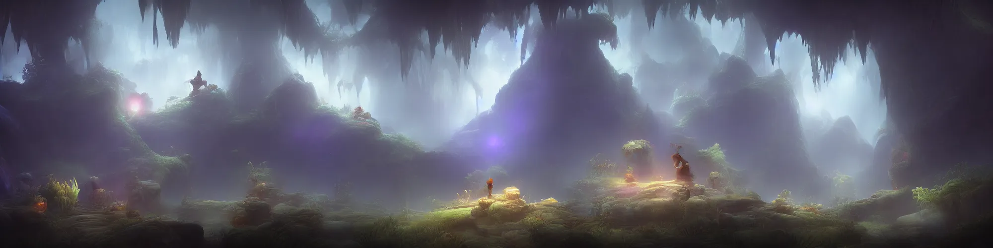 Prompt: huge cave with cinematic lighting in the style of ori and the blind forest, highly detailed, digital art 4k, 8k