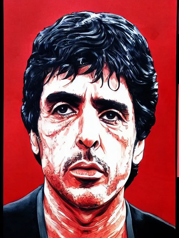 Image similar to headshot portrait. tony montana from movie scarface 1 9 8 3. al pacino, perfect symmetric face, coherent eyes, fine details., 4 k, red and black ink paint