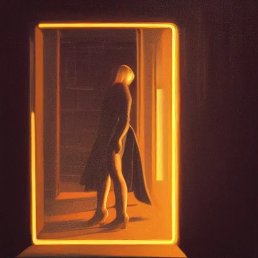 Prompt: silhouette of a Elle Fanning gazing in a mirror, pitch black room, extremely detailed realist masterpiece, oil on canvas, low-key neon lighting, artstation, Blade Runner 2049, Roger Deakin’s cinematography, by J. C. Leyendecker and Adam Miller,