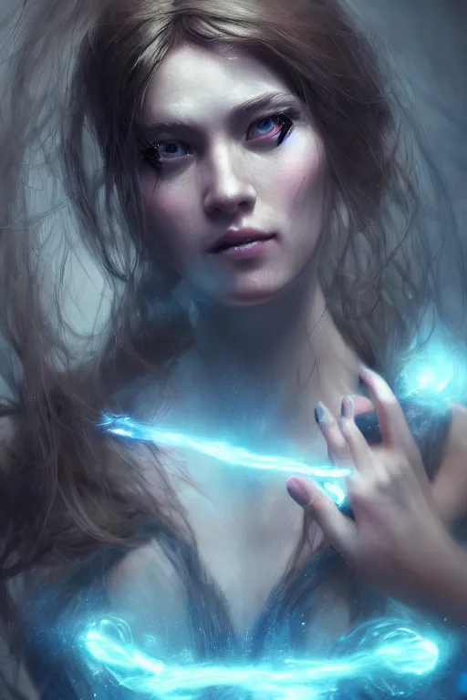 Image similar to beautiful girl necromancer, 3 d render, hyper - realistic detailed portrait, holding electricity, ruan jia, wlop. scifi, fantasy, hyper detailed, octane render, concept art,