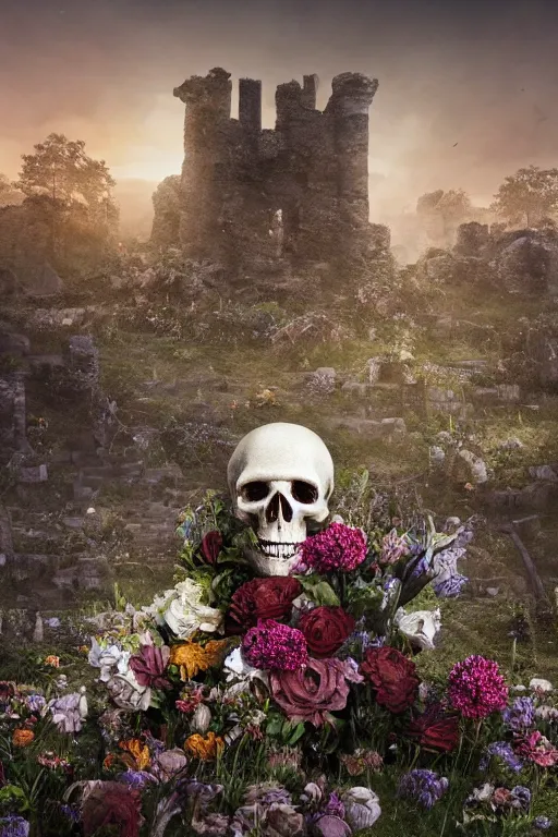 Prompt: a human skeleton full of flowers sitting in a destroyed and ruined throne in a ruined castle at sunrise, concept art, octane render, unreal engine 5, trending on Artstation, high quality, 8K, soft lighting, trending on DeviantArt, highly detailed, digital art, hyperrealistic, path traced, godrays, complementary colors, natural lighting, anatomically correct, five fingers