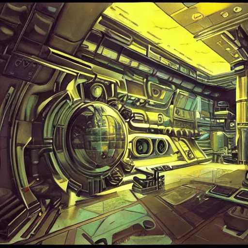 Image similar to painting of a syd mead scifi ancient civilzation interior engine room