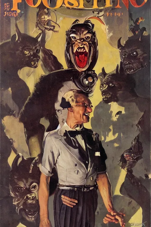 Image similar to 5 0 s pulp scifi fantasy illustration full body portrait werewolf in tuxdeo, by norman rockwell, roberto ferri, daniel gerhartz, edd cartier, jack kirby, howard v brown, ruan jia, tom lovell, frank r paul, jacob collins, dean cornwell, astounding stories, amazing, fantasy, other worlds