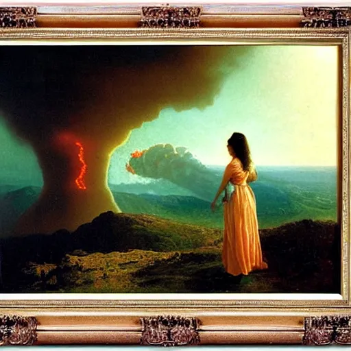 Image similar to beautiful young woman looking at giant nuclear explosion, artwork by Bierstadt, Albert
