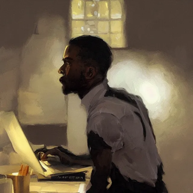 Image similar to a lightskinned black man with short hair, clean shaven, using a macbook, portrait, elegant, intricate, digital painting, artstation, concept art, smooth, sharp focus, illustration, art by konstantin korovin and daniel f. gerhartz and john howe