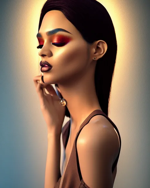 Image similar to beautiful female, arabic, haze, model, brown skin, intricate, filter, symmetrical face, makeup, sephora, maybelline, studio, reflections, cinematic, filmic, vsco, concept art, artstation, elegant, model, gorgeous, vray, flim, octane render, ambient occlusion, prism details