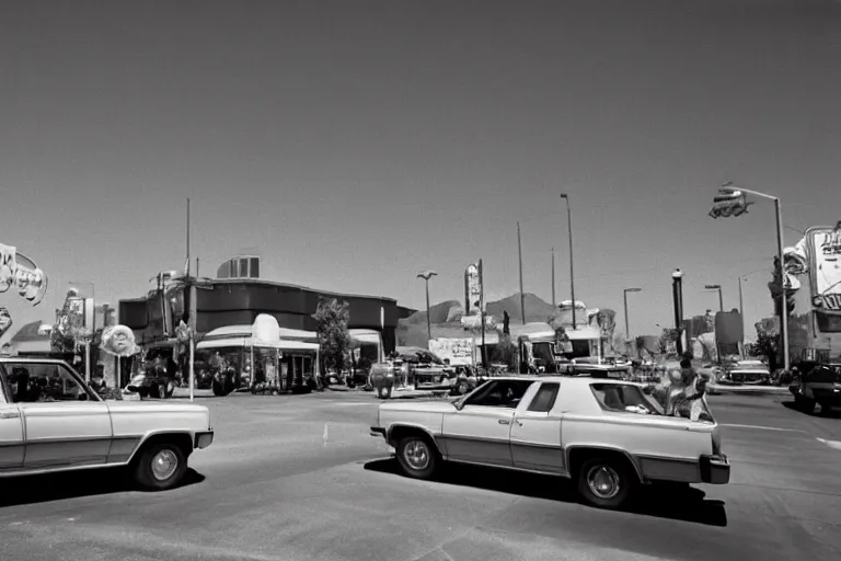 Image similar to 1 9 7 6 vegas street scene with a woman floating in the sky in the foreground, deep focus, intricate, elegant, highly detailed, matte, sharp focus, photography of gregory crewdson