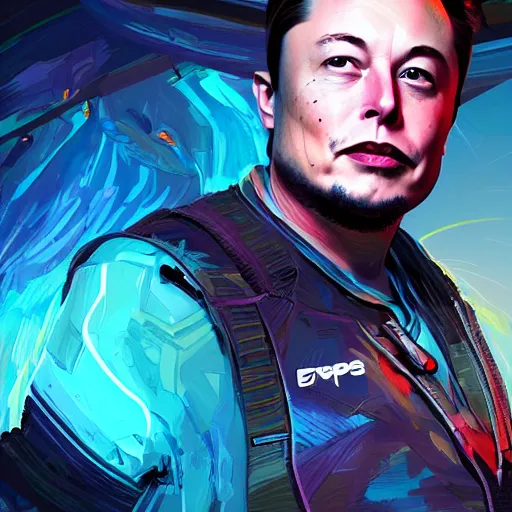 Image similar to elon musk as apex legends character, digital illustration portrait design, by android jones and greg rutkowski, retrowave color scheme, detailed, cinematic lighting, wide angle action dynamic portrait