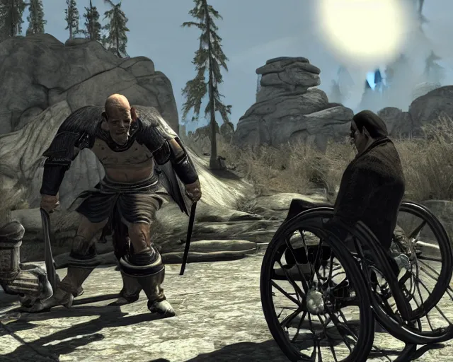 Image similar to hector salamanca on a wheelchair in skyrim, videogame screenshot, skyrim graphics