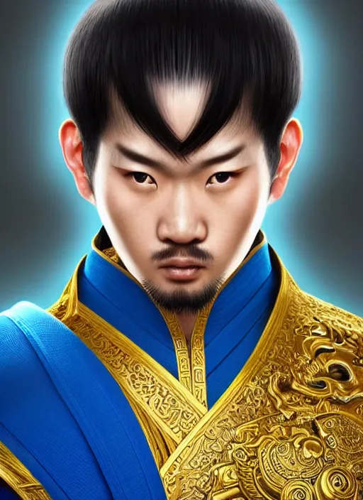 Image similar to male martial artist with a manchu hairstyle!!!! asian facial features and blue eyes!! intricate ornate blue robes!! character concept art, sharp focus, octane render! unreal engine 5! highly rendered!! trending on artstation!! detailed linework!! illustration by artgerm, wlop, and chie yoshii